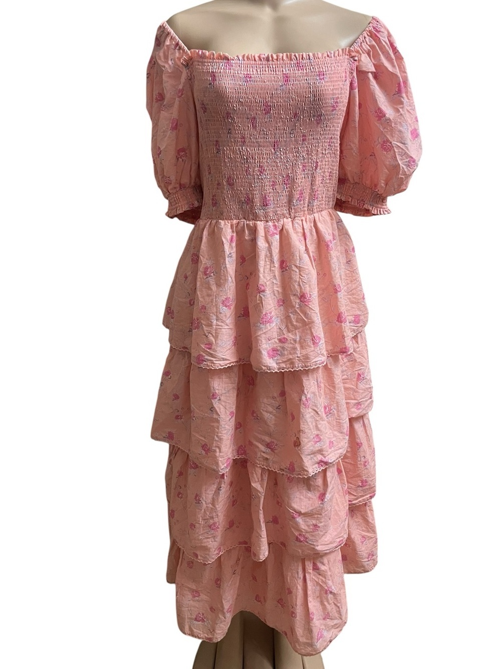 LoveShackFancy Pink Floral Smocked Puff-Sleeve Tiered Maxi Dress - Picture 5 of 8